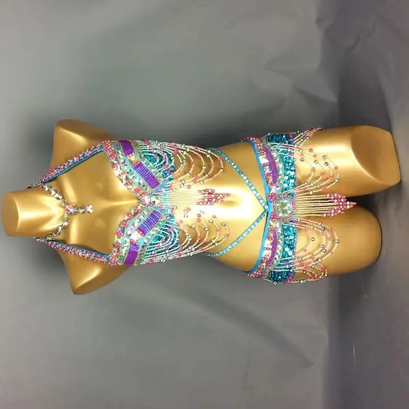 

Showgirl Event Outfit belly dance costume Halloween wear Bra Belt 2pcs set carnival rave costumes Christmas party dancing wear