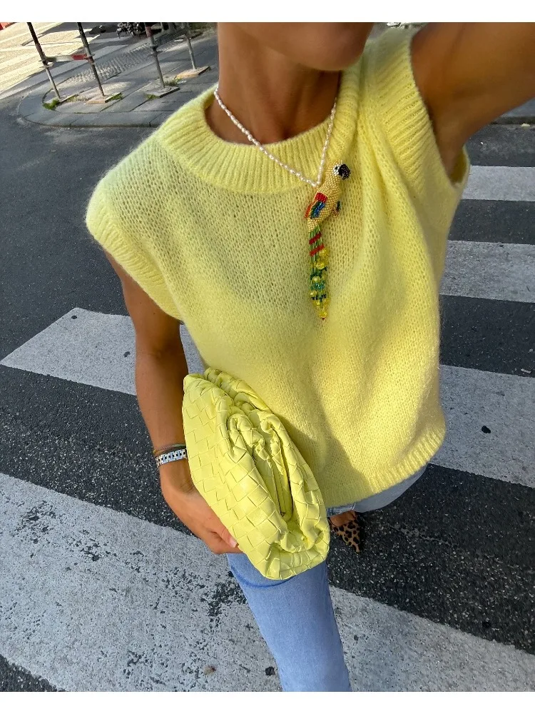 Women Knitted Pullover Knitwear Sleeveless O-neck Vintage Solid Casual Sweater Vest Elegant Fashion Chic Stylish Ladies Top