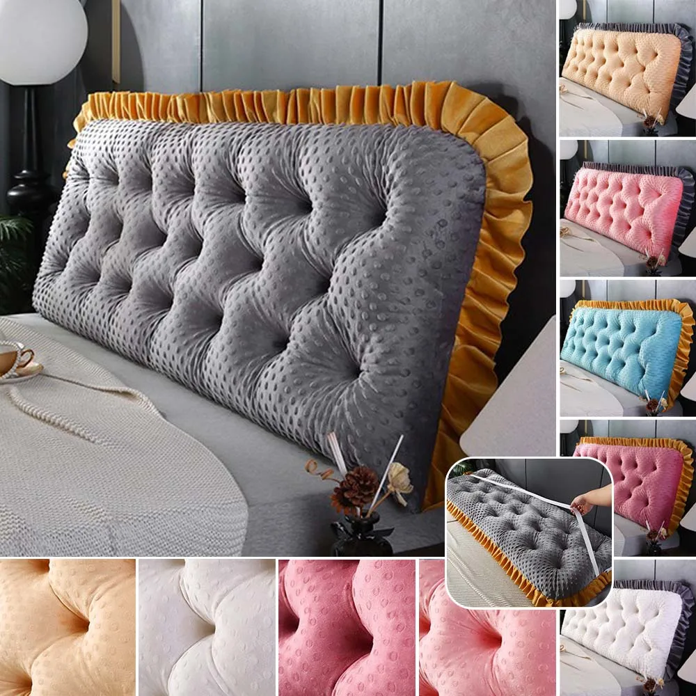 

Plush Bean Velvet Bed Headboard Cushion with Elastic Strap Large Soft Backrest Pillow with Ruffled Edge for Bedroom Sofa Tatami