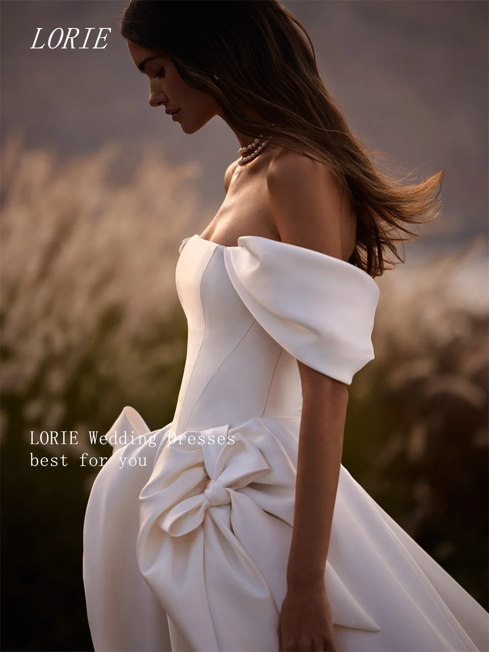 LORIE فستان زفاف فاخر بفيونكة على شكل حرف A قبالة الكتف فساتين زفاف أنيقة ثوب زفاف مخصص 2026