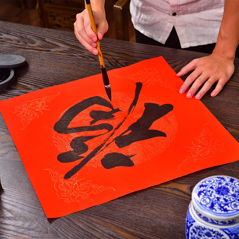 Caneta pincel de caligrafia chinesa de papel xuan vermelho, formato quadrado, papel de arroz batik, dísticos para festival de primavera, personagem fu, escrita