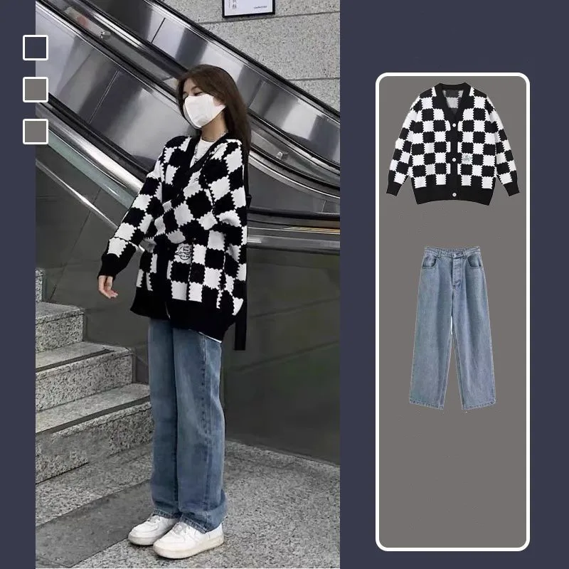 2024 Autumn/Winter Gentle Women's Set New Loose Korean style Harajuku Knitted Coat Hong Kong style Jeans