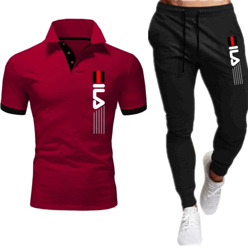 Men\'s Trousers Tracksuit 2 Piece Set Printed Summer Jogger Sportswear Short Sleeve POLO Shirt+Long Pants Casual Street Clothes