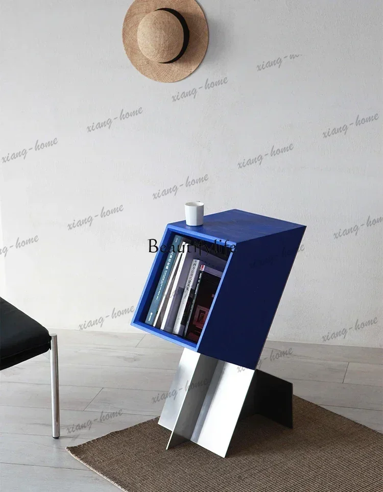 XX Magazine Cabinet Modern Simple Klein Blue Solid Wood Edge Cabinet Metal Stainless Steel Edge