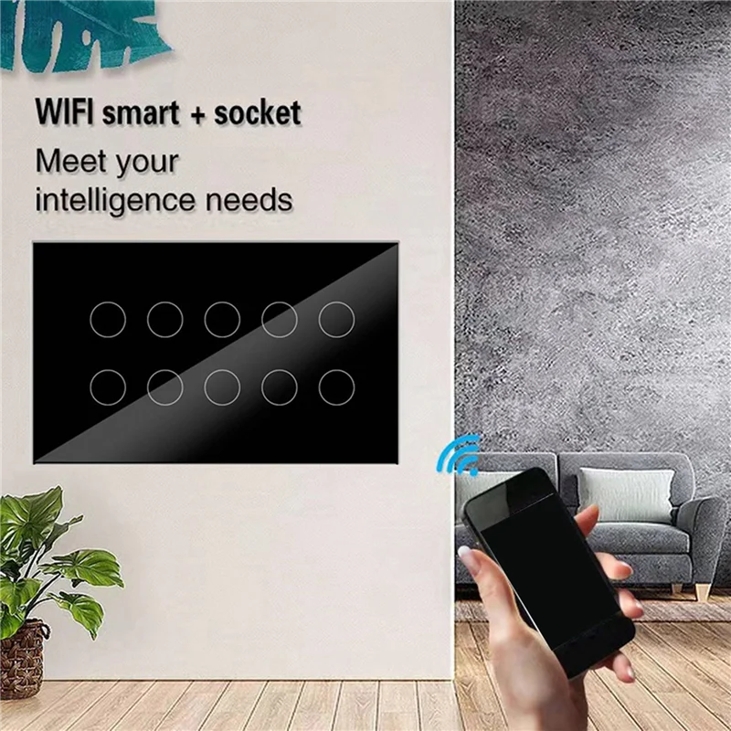 

A37T-2X WIFI умный сенсорный настенный выключатель прерыватель стеклянная панель 8-банка Tuya Smart Life для Alexa Google Home черный