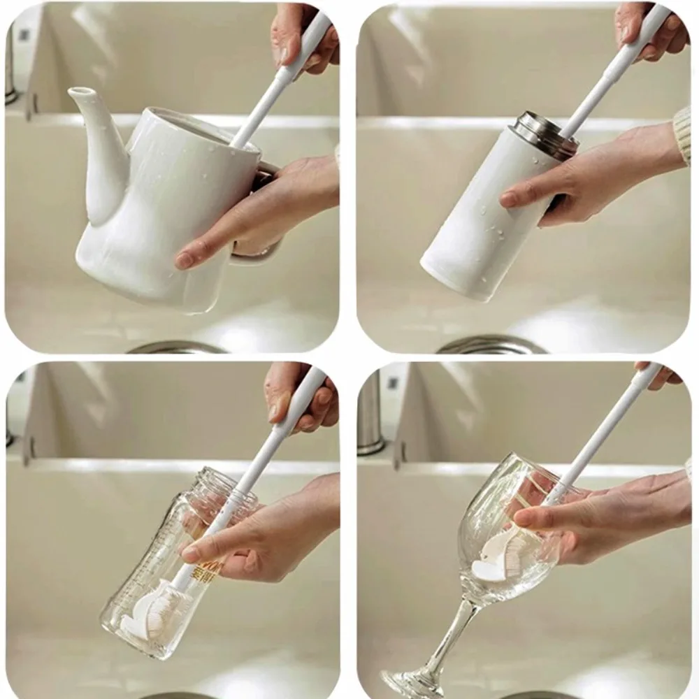 New Silicone Cup Brush Folding Brush Head Long Handle Glass Cleaner White Kitchen Cleaning Tool Drink Bottle