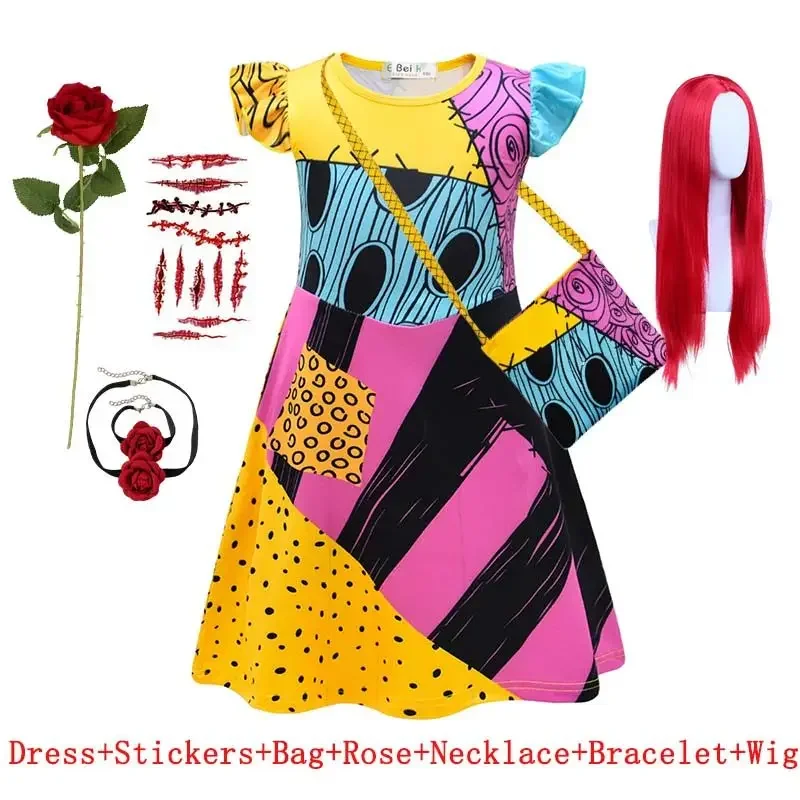 Kinder Gothic Skelett Genähtes Puppen-Cosplay-Set Gestreiftes Kostüm Patchwork-Kleid Perücke Halsband Halloween Karneval Party Outfit – Detail 5