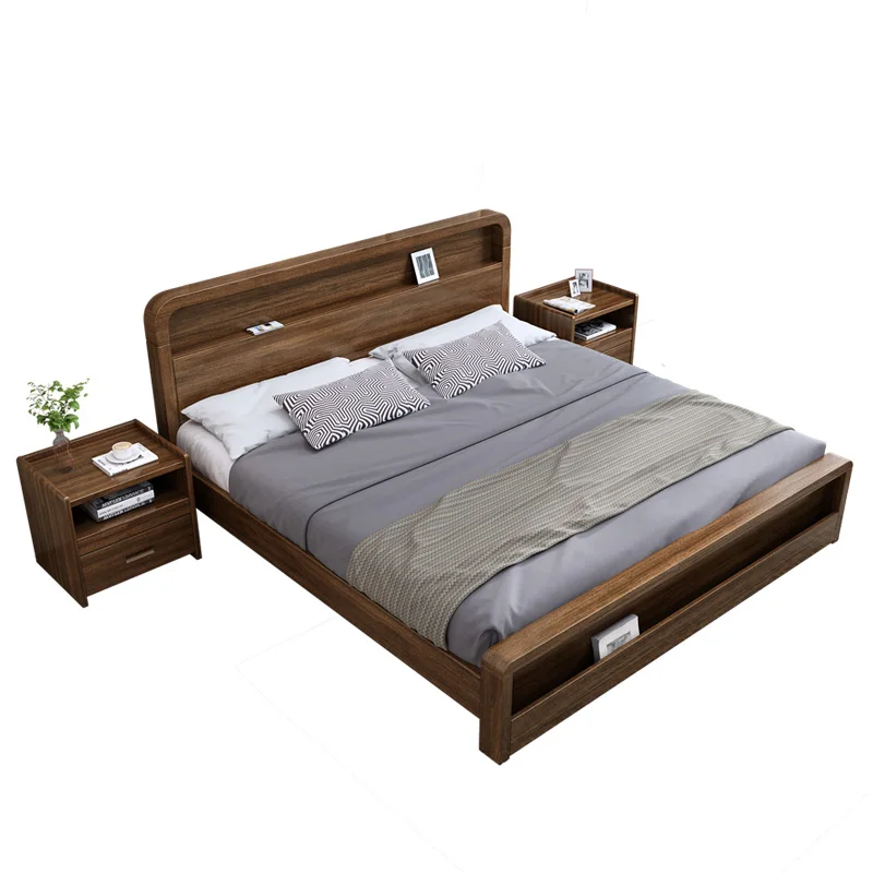 Walnut Nordic solid wood bed 1.8m 1.5m modern simple single double master bedroom small apartment high box bed marriage bed