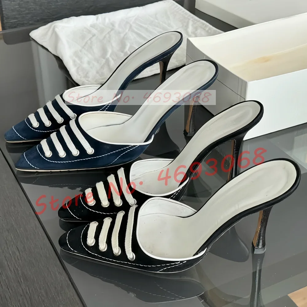 

Pointed Toe Suede Sneaker Mules Women Sweet Vintage White Cross Strap Party High Heels Shoes Female Summer Holiday Slippers