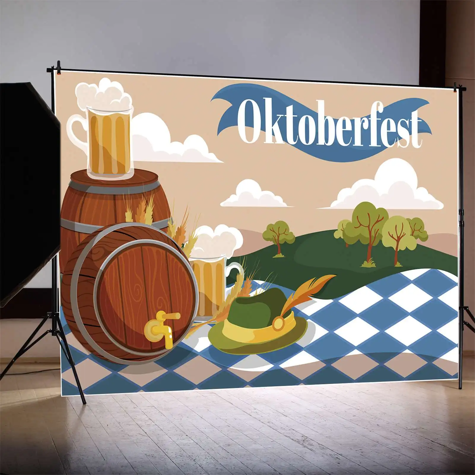 MOON.QG Backdrop Oktoberfest Party Beer Festival Outdoor Picnic Party Background Green Hill Blue Check Cloth Barrel Photo Booth