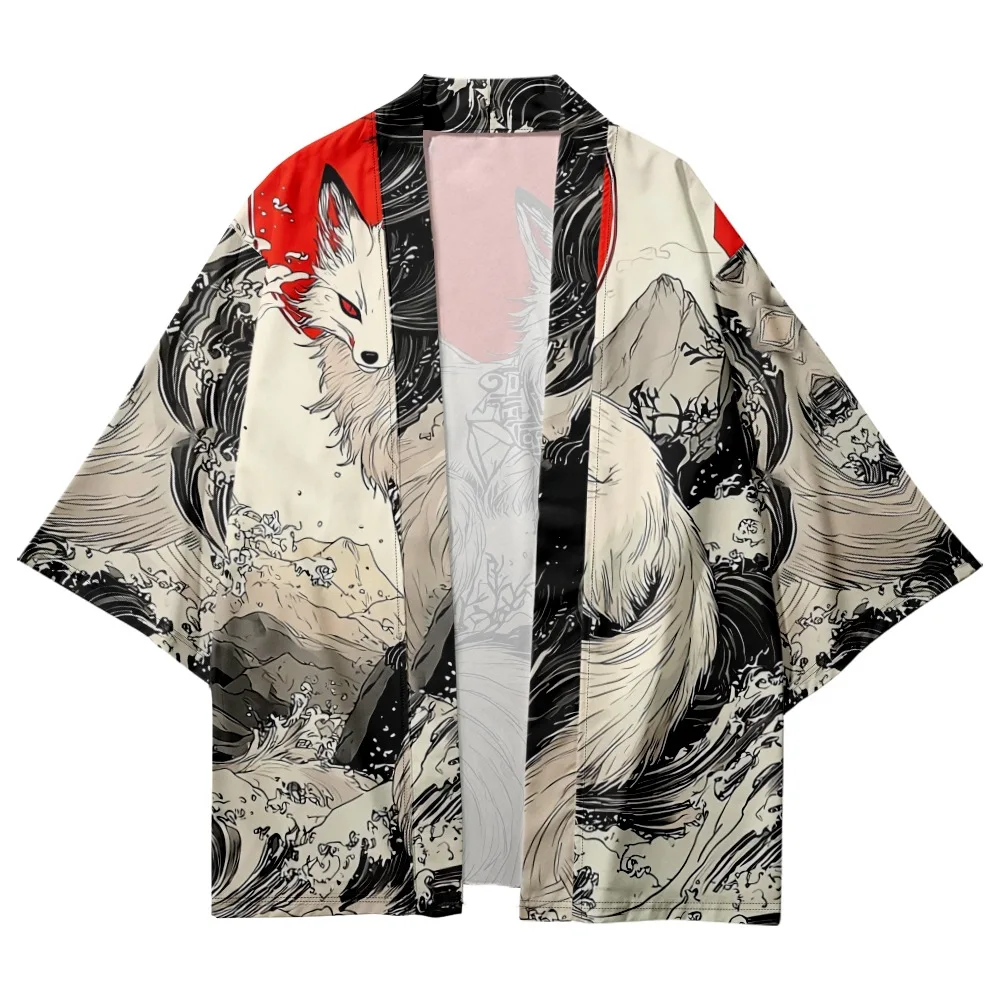 الصينية الأبيض الثعلب طباعة سترة كيمونو النساء الرجال اليابانية Haori تأثيري قمصان أزياء الشاطئ يوكاتا حجم كبير #2