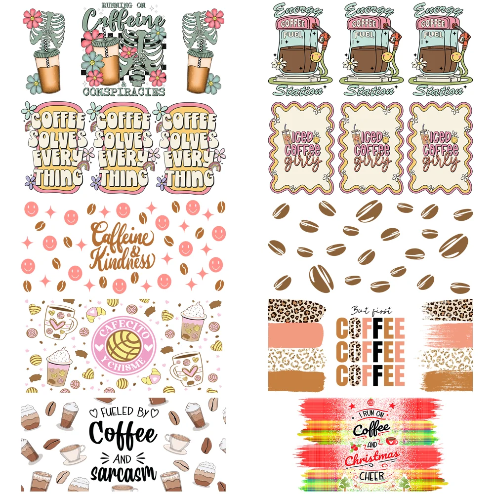 

Coffee vibe Series easy peel waterproof DIY decoration decals 3D transfers uvdtf crystal sticker 16oz uv dtf cup wraps