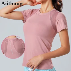 Aiithuug Reflective Printed Yoga Tops Women's Mesh Splicing Crew Neck High Elasticity Breathable Fitness Pilates Exercise Shirts