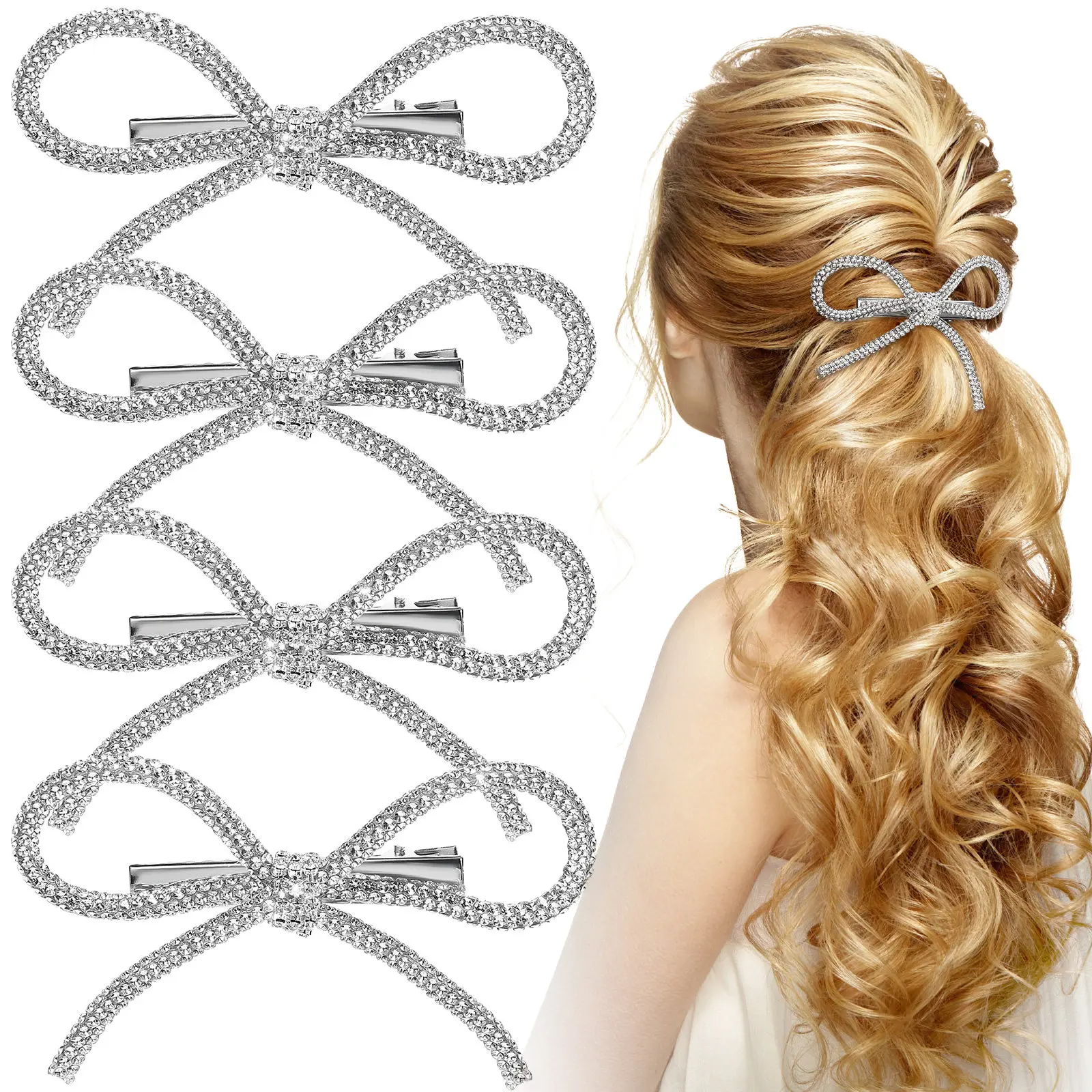 

4Pcs Rhinestone Hair Bow Clips Elegant Lightweight Bow Barrettes for Party Wedding Engagement Daily Hair Accessories