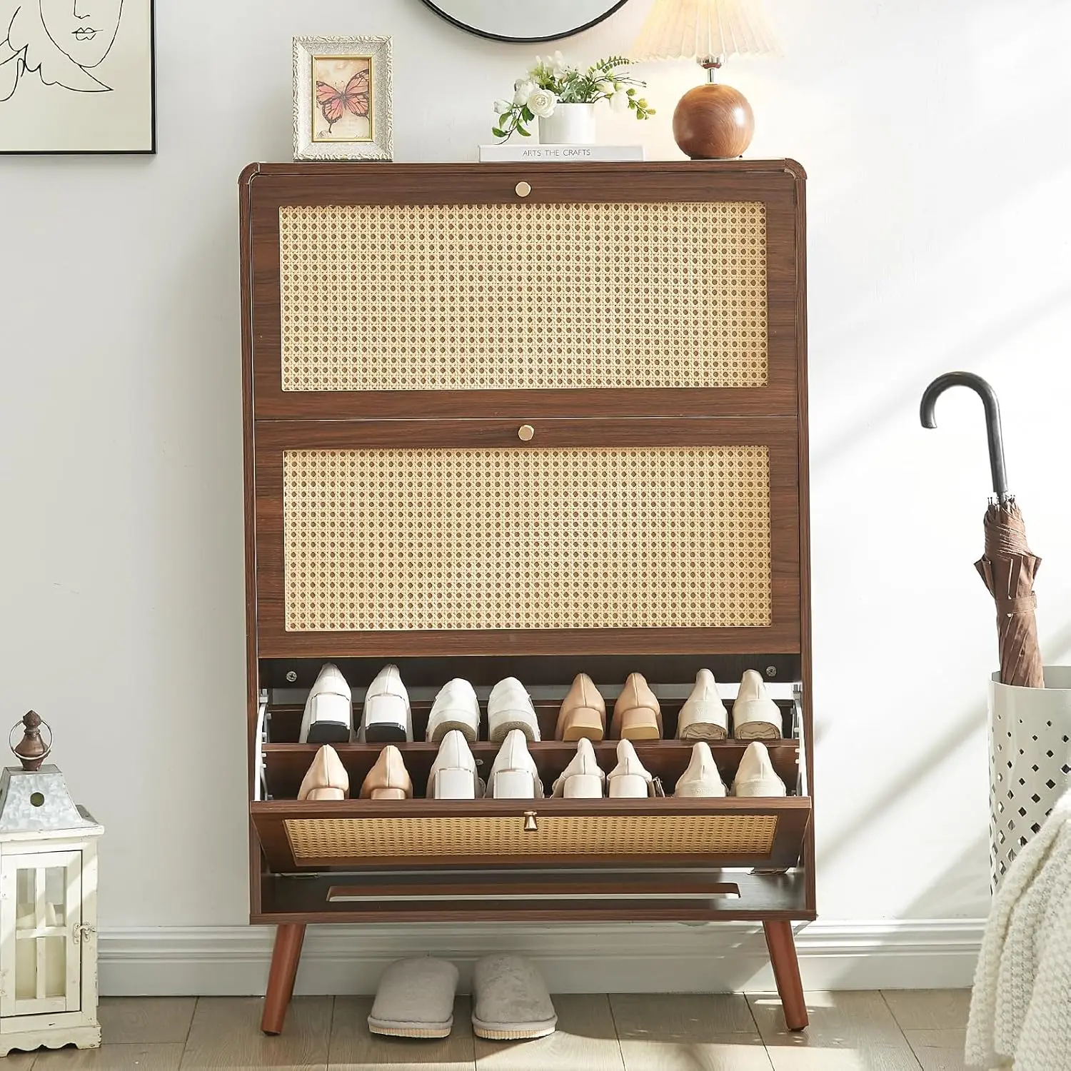 

3-Drawer Rattan Shoe Cabinet 24-Pair Hidden Storage Adjustable Shelf Entryway Hallway Walnut Customized