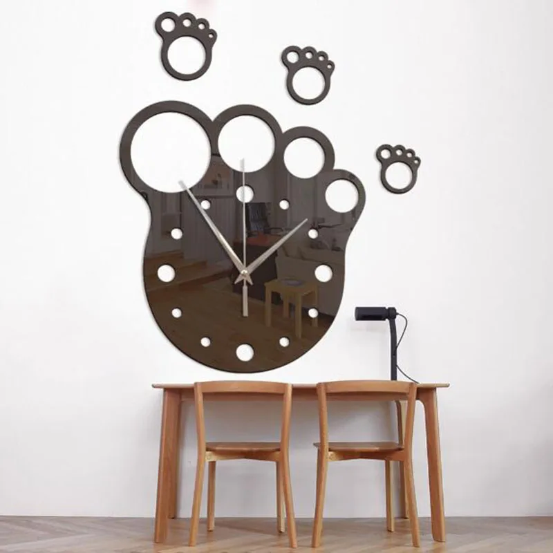 Creative DIY Mirror Footprint Hanging Wall Clock for Living Room Bedroom Background Wall Decoration Waterproof Mirror Sticker