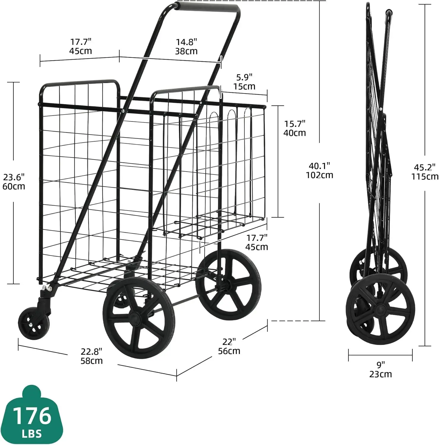 عربة تسوق قابلة للطي بعجلات، عربة بقالة محمولة مع سلة خلفية للتخزين والمنظم #4