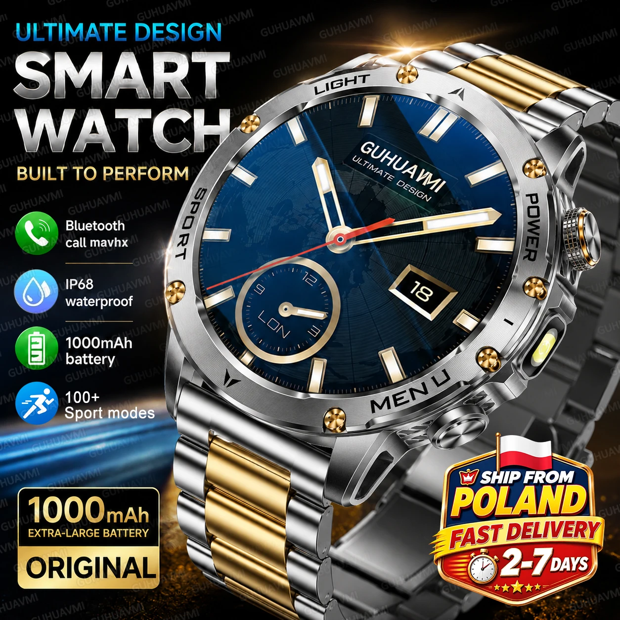 2026 Nuevo reloj inteligente de batería grande de 1000mAh premium hombres, pulsera de pantalla 1.7 AMOLED, IP68 impermeable, llamada