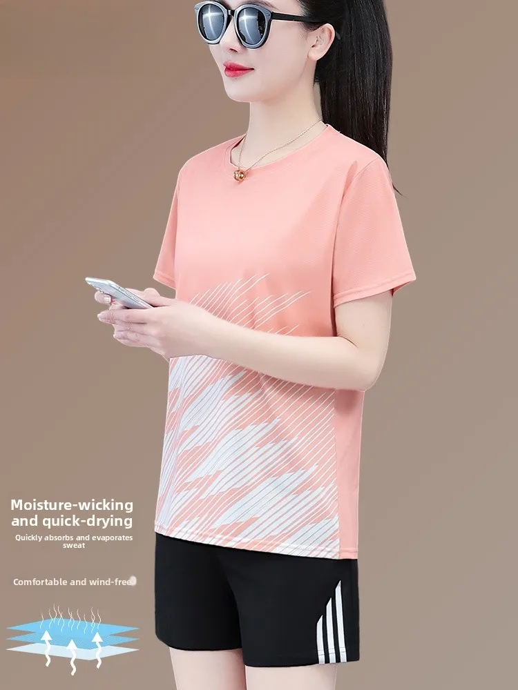 

TUCANO Summer Sportswear Set Women's Ice Silk Thin ort Sve round Ne Two-Piece Suit Qui Dry Casual Sportswear