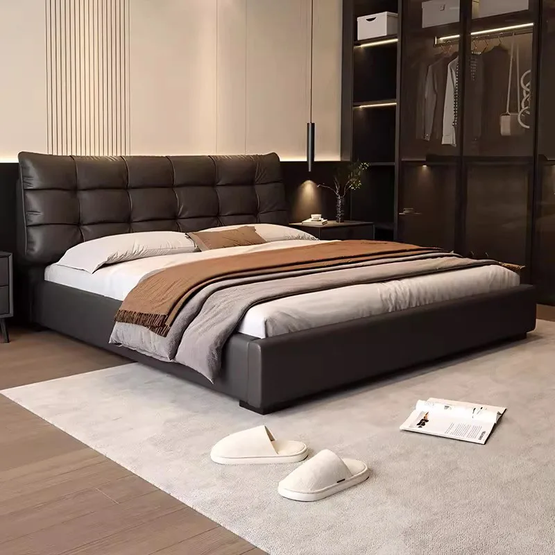 Floor Double Bed Frame Wooden Modern Design Space Saving Safe Sleeping Bed Luxury Leather Letto Matrimoniale Trendy Furniture