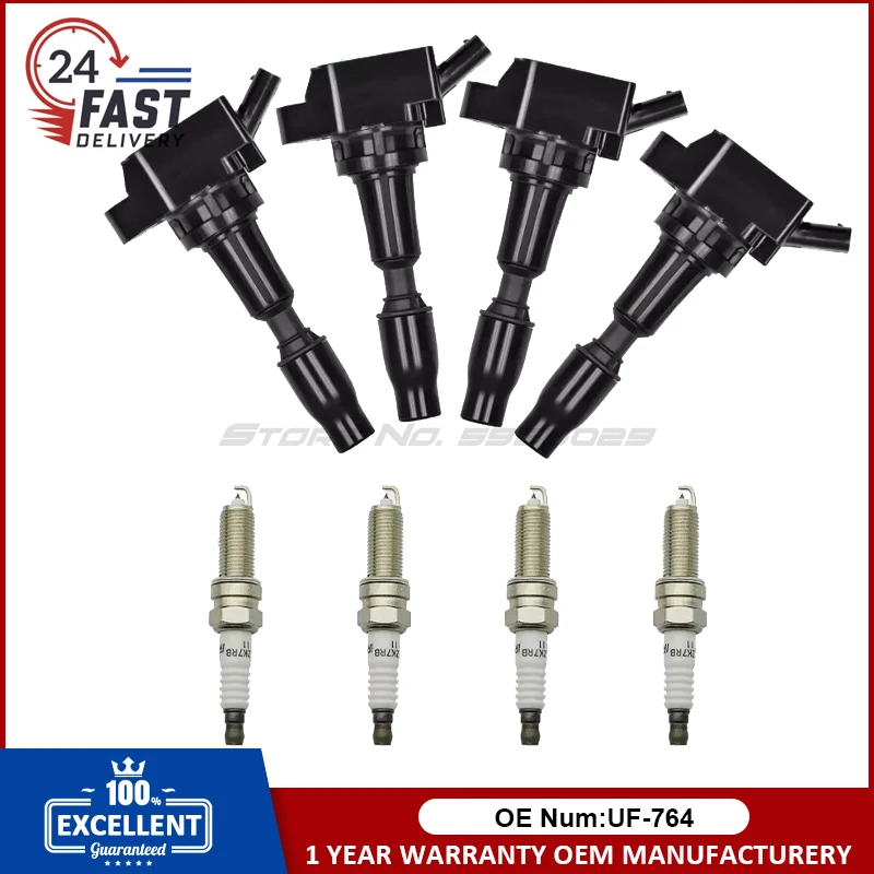 Ignition Coil & Spark Plug Kit 27301-2B120 UF764 for Genesis G70 G80 G90/Hyundai Kona N Santa Fe Sonata Tucson Veloster N 2.0L