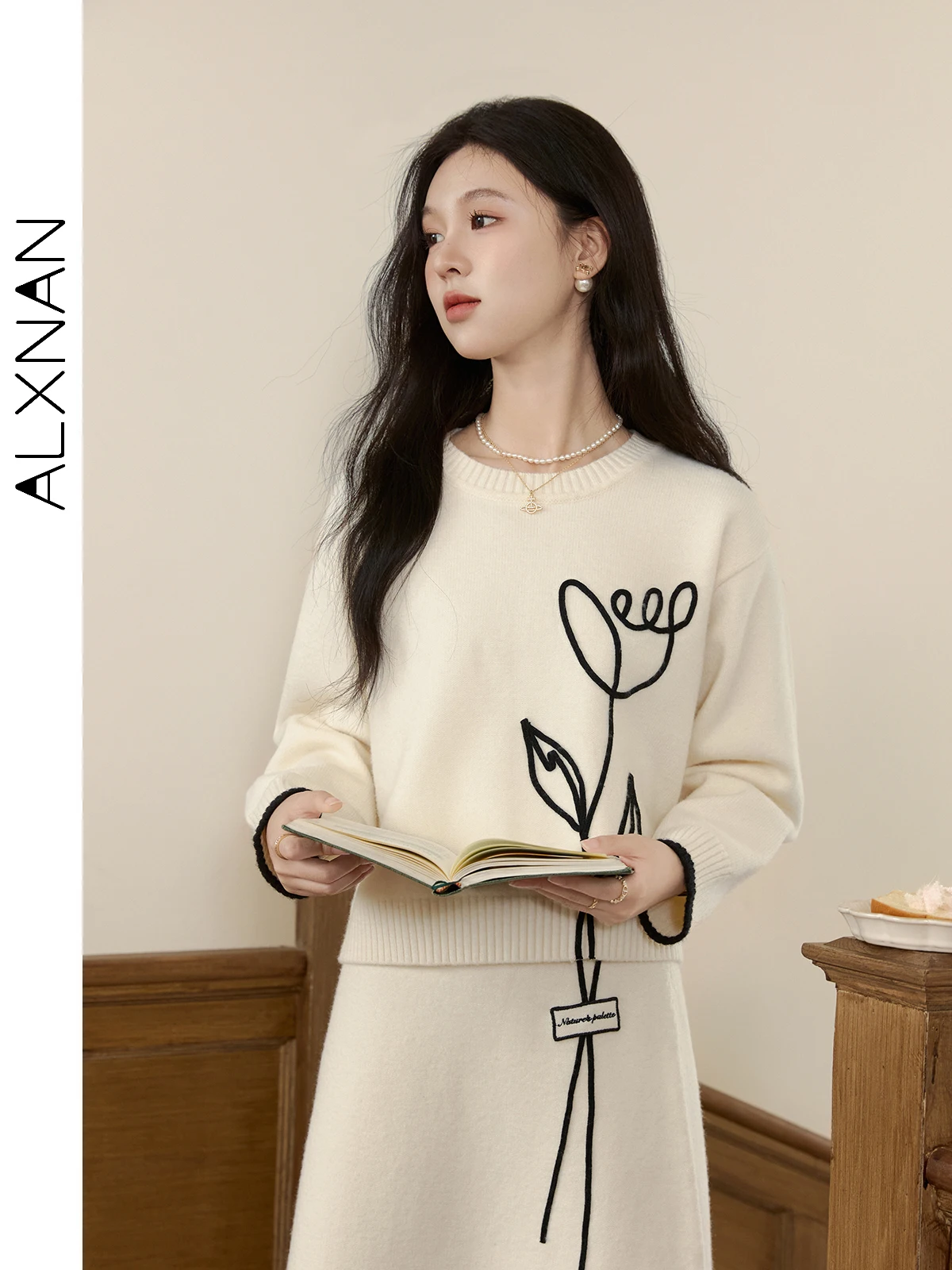 ALXNAN 여성용 살구색 스웨터 3D 튤립 자수 스웨터 크루넥 풀오버 2026 봄 캐주얼 긴팔 점퍼 L50912