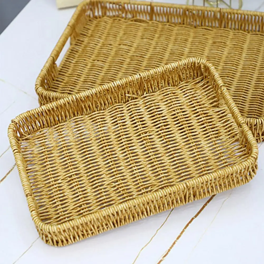 Party Serving Platter Braided Faux Rattan Storage Basket with Handle Hollow Drainage Picnic Tray Rectangle Fruit Snacks Bread