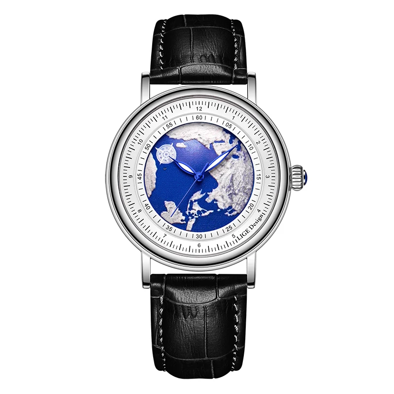 LIGE Blue Planet Kreative Herrenuhren Erde Mode Quarz-Armbanduhr Lederuhr für Männer Leuchtend Großhandel Dropshipping