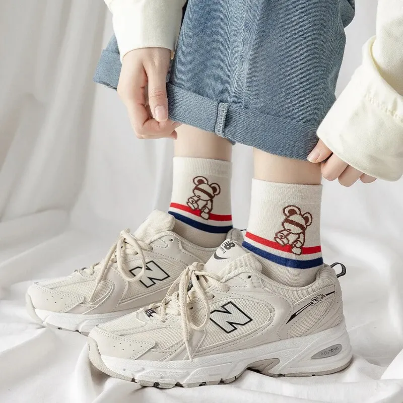 5 Pairs of Women\'s Spring Four-seasons Cute Cartoon Bear Striped Youthful Beautiful Fashionable and CComfortable Mid-calf Socks