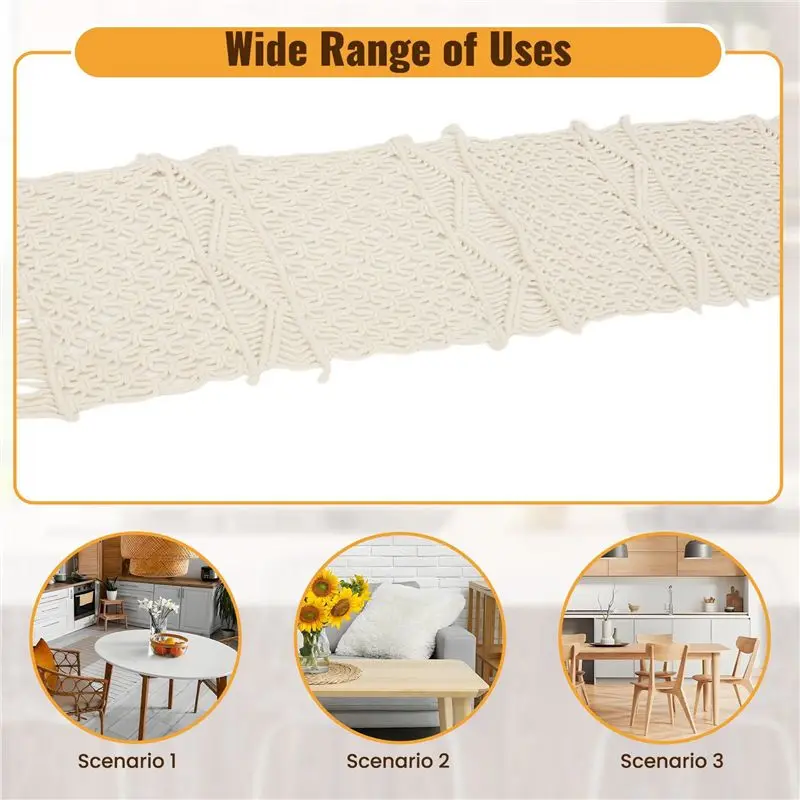 A96K-2X Macrame Table Runner,Boho Wedding Table Decoration,Vintage Farmhouse And Bohemian Dining Room Style, Beige White