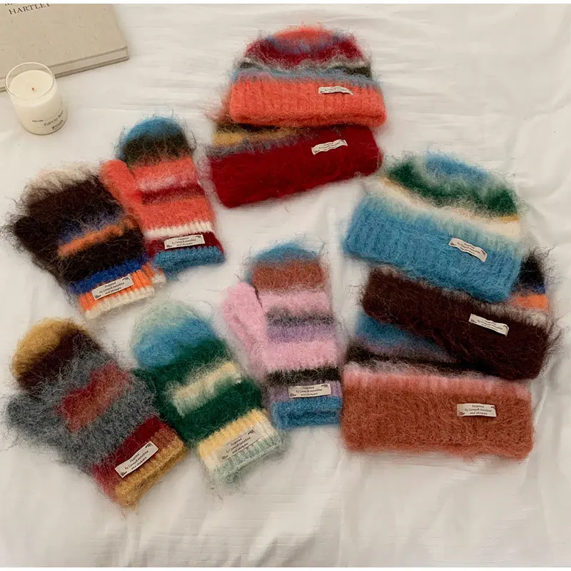 Rainbow Gradient Striped Knitted Beanie Hat Gloves Set Dopamine Y2K Warm Plush Wool Skullies Unisex Autumn Winter Coldproof Set