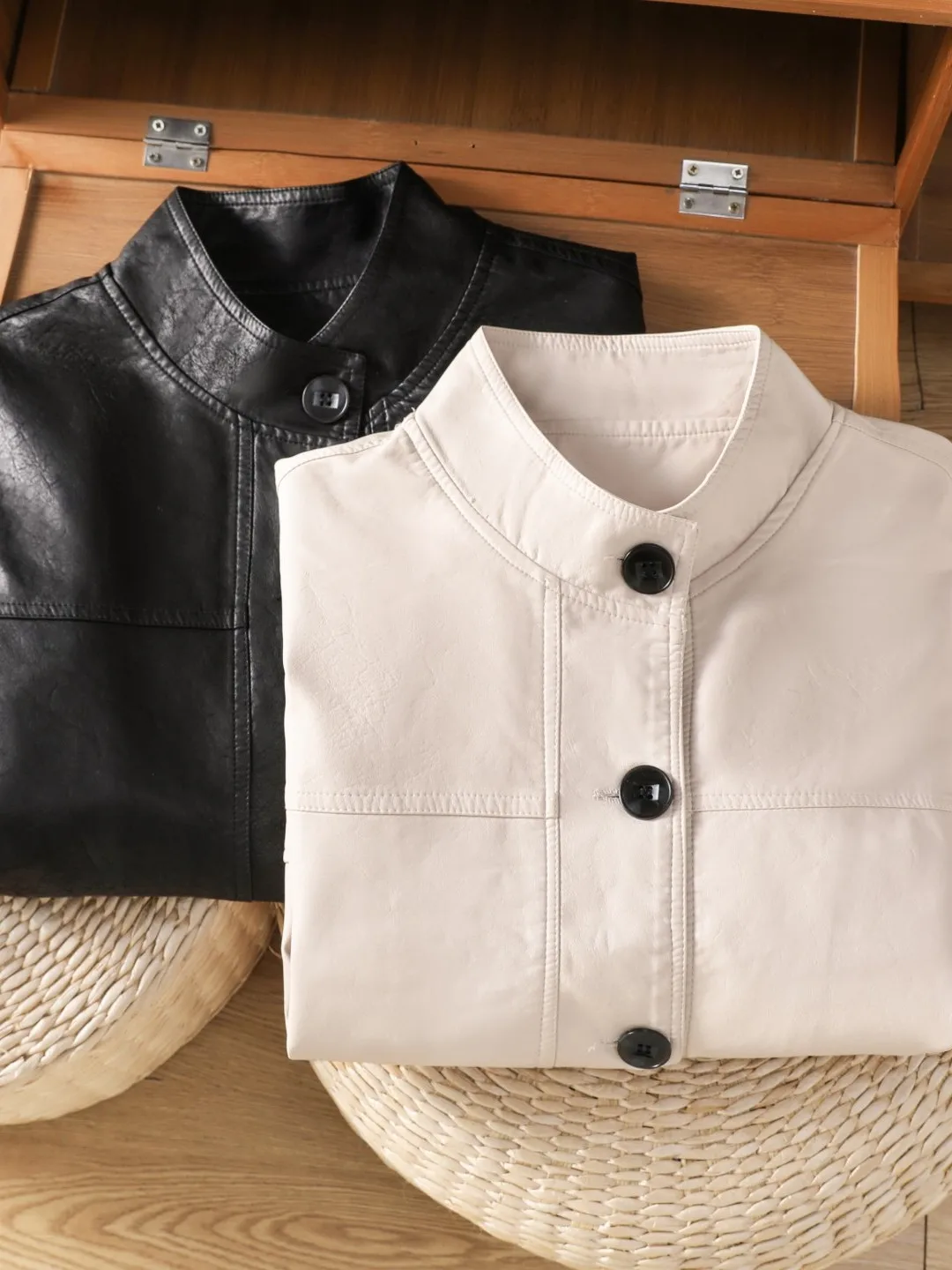 Authentic PU Leather Jacket Stand Collar Biker Style Short Autumn Winter Women's Windproof Drawstring Hem Single Piece