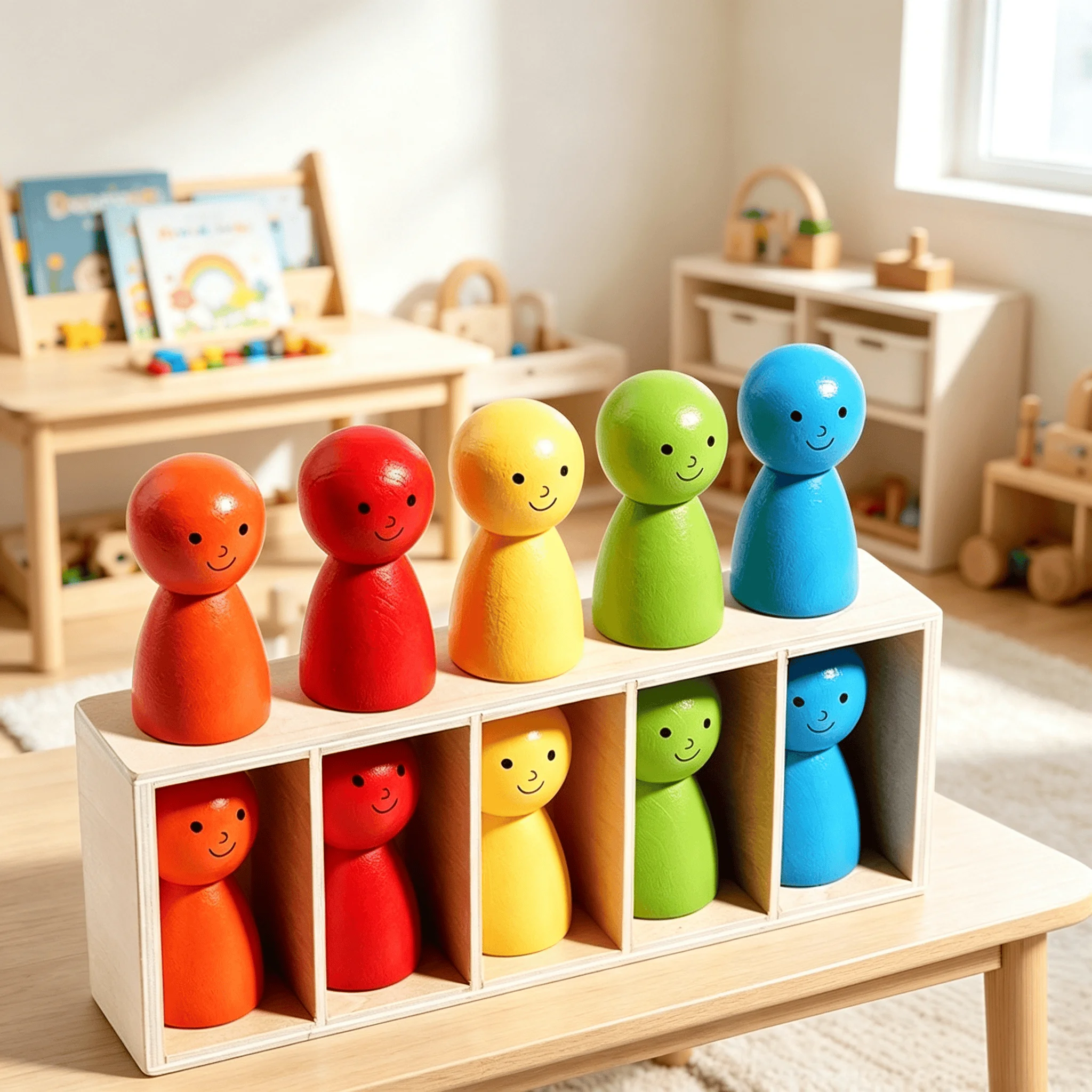 Montessori Rainbow Wooden Dolls Toy Set - 10 Piece Color Sorting & Recognition Educational Playset for Kids Wooden Puzzle 3+Y