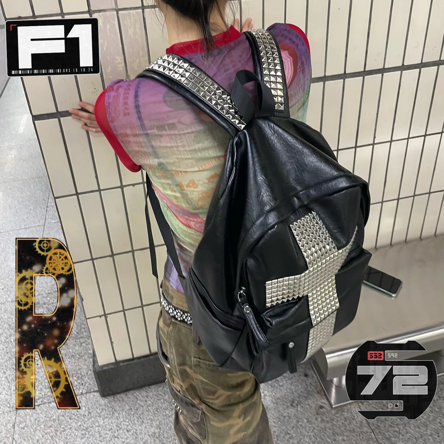 Punk Y2k Black Rivet Leather Backpack Punk Retro Dark Schoolbag Subculture High Street Backpack