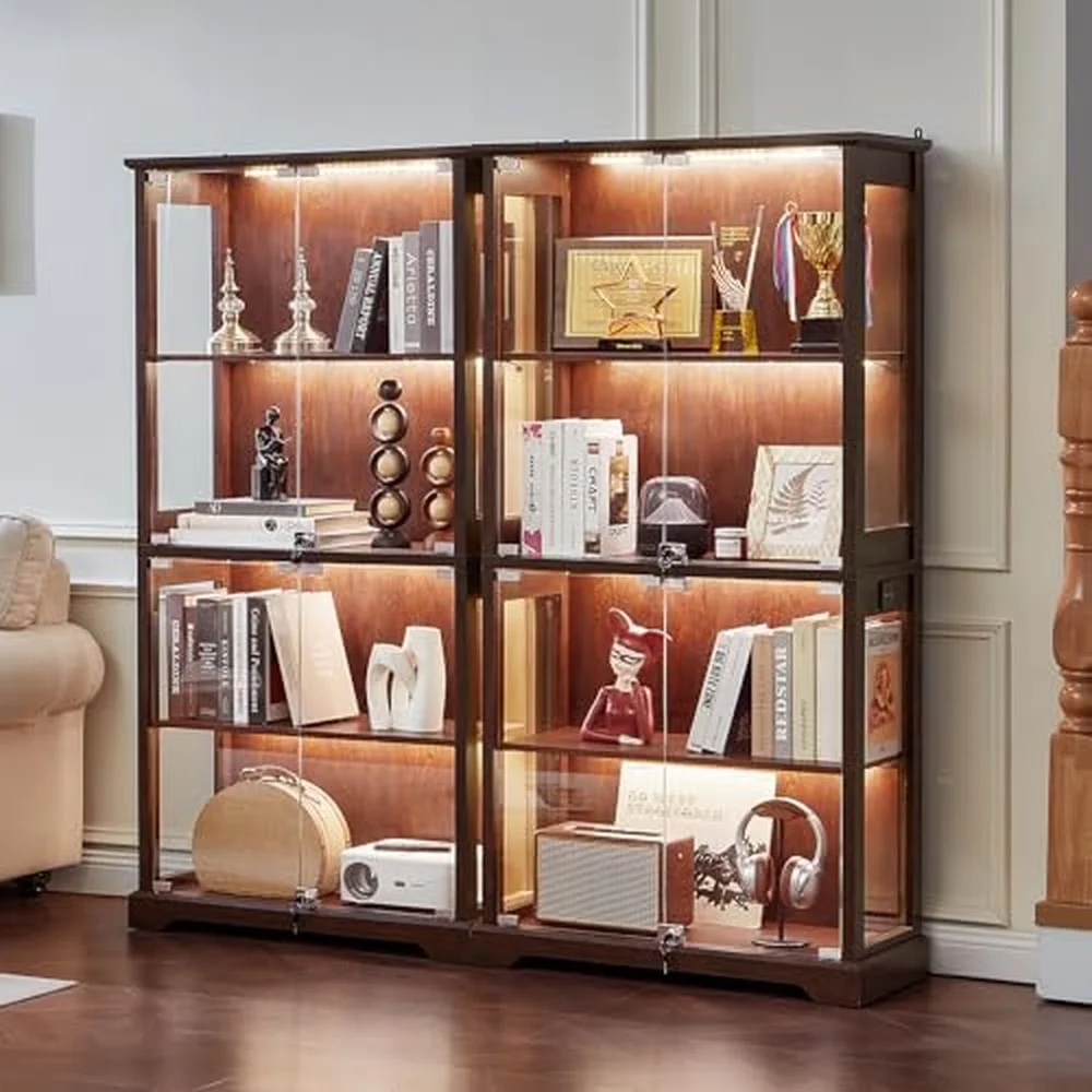 Farmhouse Glass Display Cabinet Set of 2 with Lock Walnut