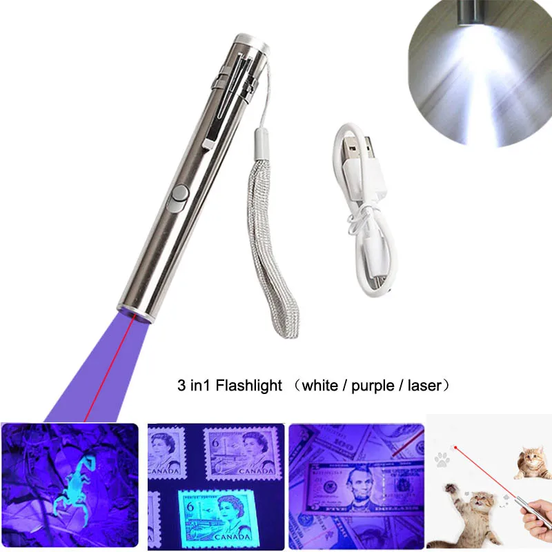 3in1 UV Pen Flashlight with Clip Mini White Light USB Rechargeable Small Penlight for Money Detector Pet Urine Stains