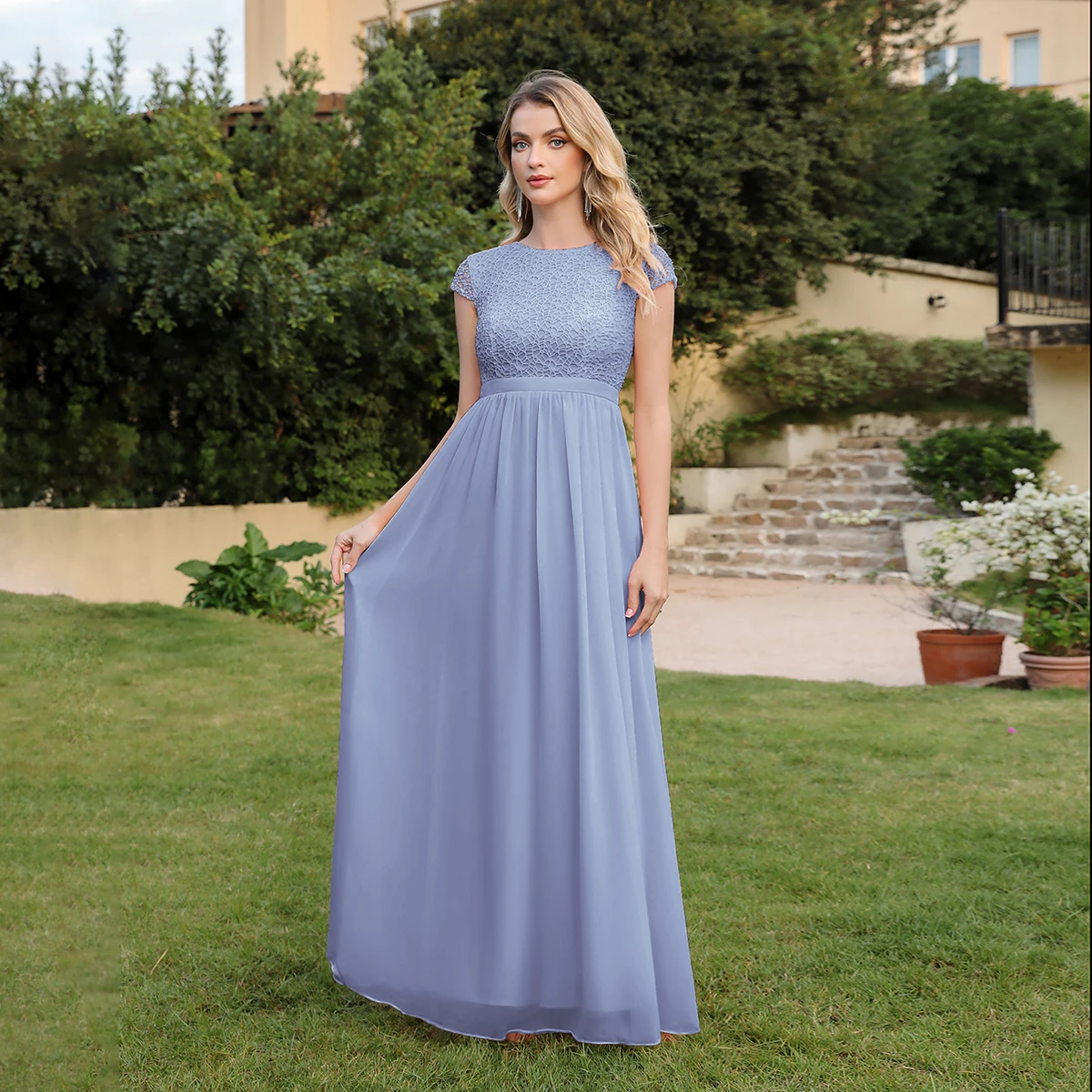 Evening Wedding Party Prom Gown Elegant Floor-length Beading Chiffon Lace Bridesmaid Dresses A Line O Neck Floor-length Formal