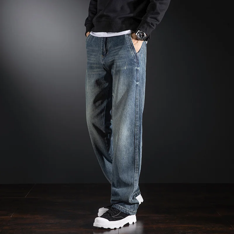 

Loose Straight American Sle Bell Bot Jeans for Men High Waist Cotton Denim Pants Youth Faion Long Trousers Wear Resistant