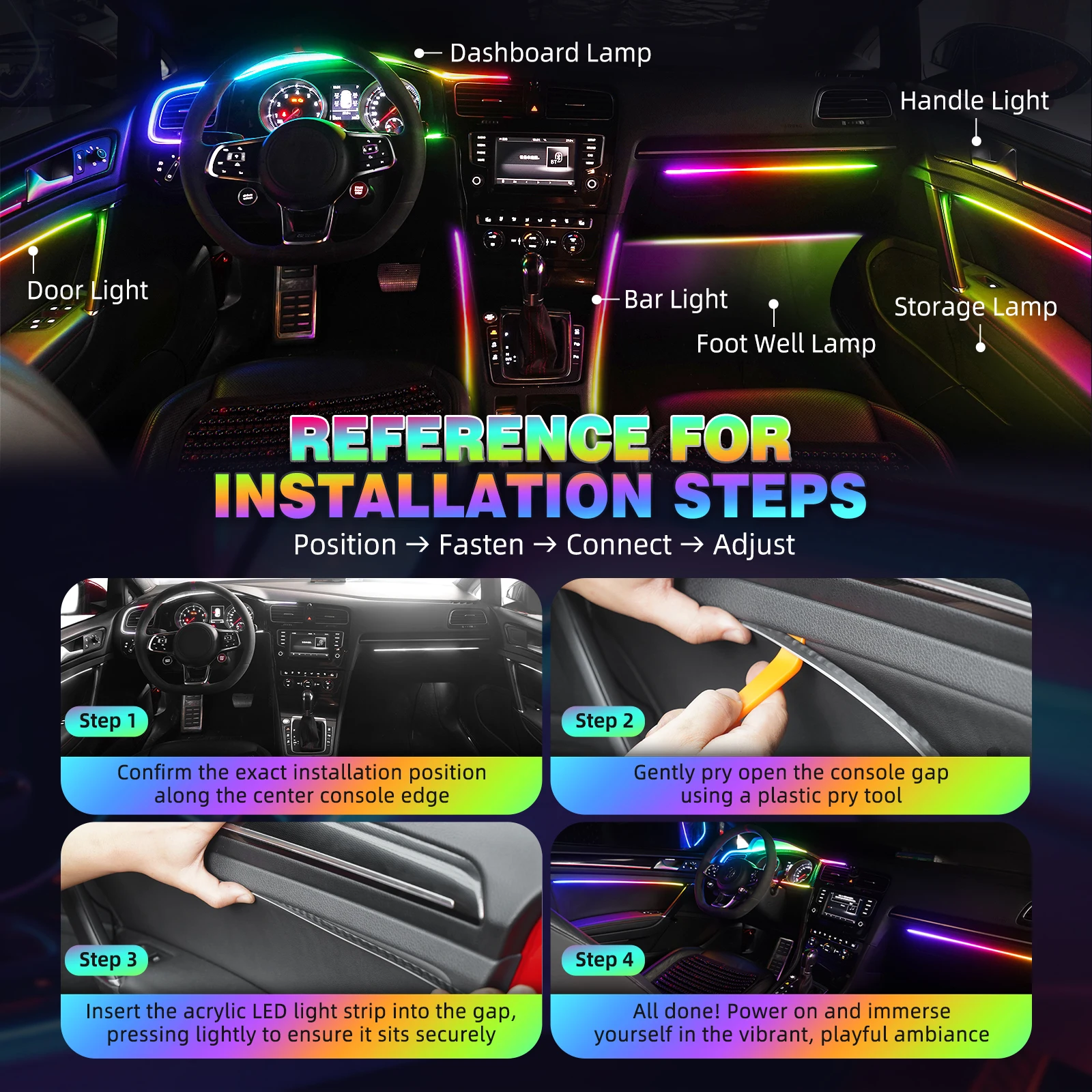 BEVINSEE الملونة المحيطة قطاع ضوء سيارة 6in1 RGB الاكريليك LED المحيطة مصابيح النيون سيارة الديكور APP التحكم عن بعد USB التوصيل 12 فولت