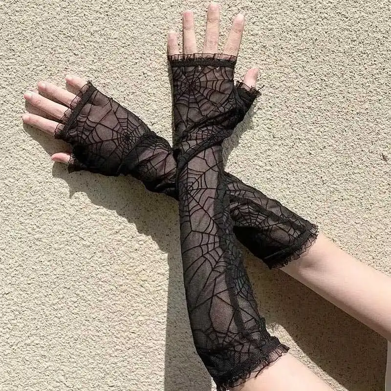 

1pair Women Spider Web Pattern Gloves Sexy Fashion Female Lace Gloves Ladys Driving Punk Goth Dance Mesh Black Fingerless Gloves