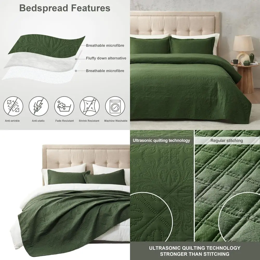 

All Season Olive Green California King Quilt Set - Lightweight Coverlet with 2 Pillow Shams