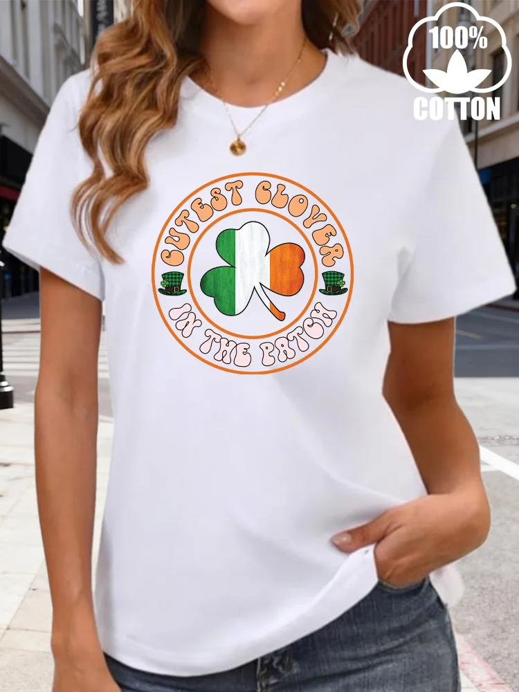 Camiseta gráfica Cutest Clover para mujer, camiseta de manga corta con cuello redondo de algodón de 180g, ropa informal de verano para uso diario