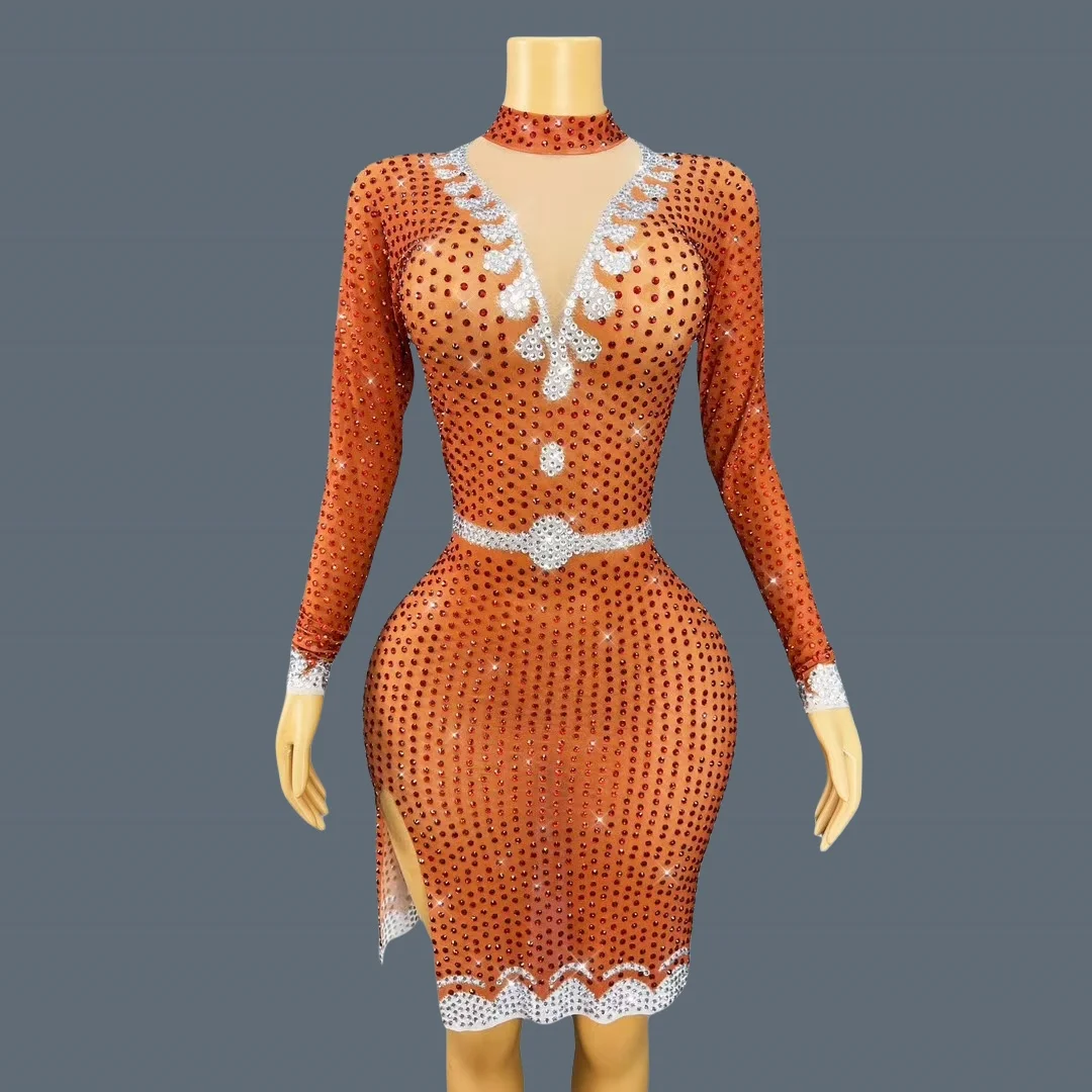 Festival Celebrate Party Outfit Sparkly Crystals Side Slits Short Dress Tight Fitting Long Sleeved Rhinestone Dress Dingdingdang