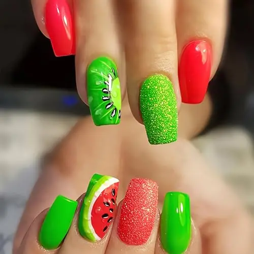 Uñas postizas acrílicas de cobertura completa para mujer, uñas postizas cuadradas de flores azules y naranjas, brillantes, 24 piezas