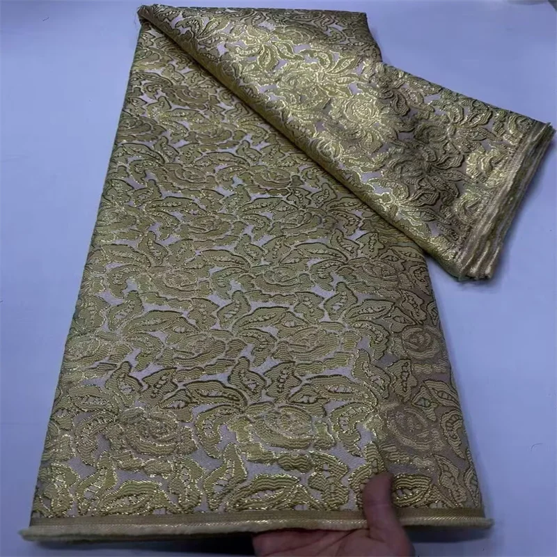 

Gold Latest French Satin Brocade Jacquard Lace Fabric High Quality African Gilding Lace Fabric Wedding Party Dress For Women
