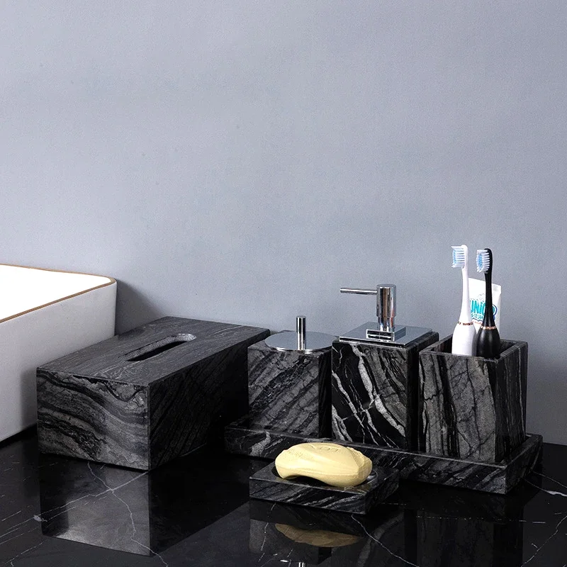 Ancient Wood Grain Natural Marble Bathroom Set Retro Antique Luxury Soap Dispenser Toothbrush Holder Tray Bathroom Accessories