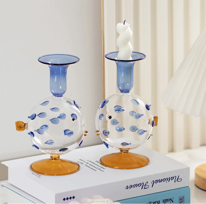 LTT Creative Glass Mengqu Fugu Modeling Candlestick Ornament Homestay Home Decoration Candlestick
