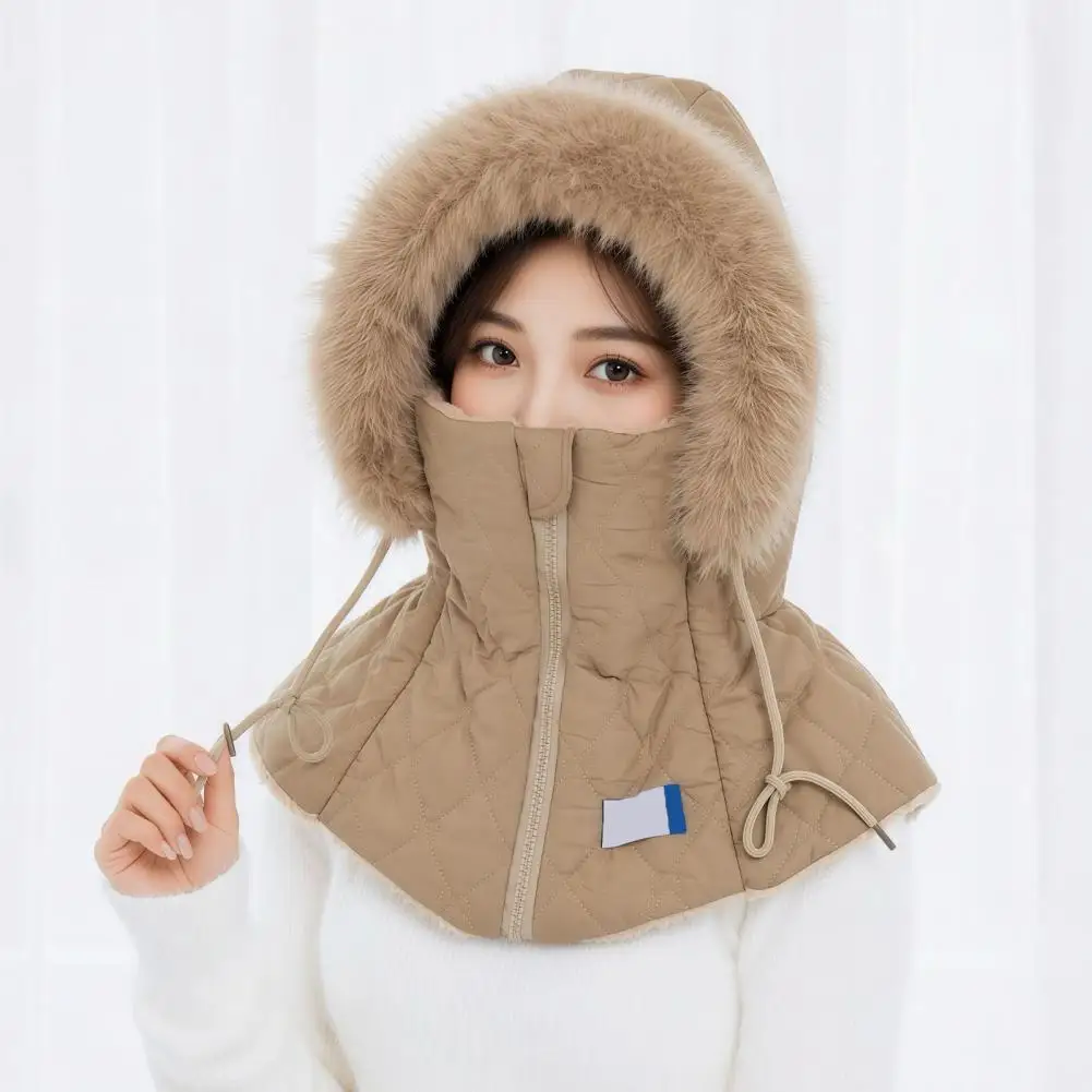 Quilted Hat for Weather Women Winter Balaclava Hat with Quilted Face Mask Fleece Lined Hood Hat Zipper Closure Fuzzy Trim Warm