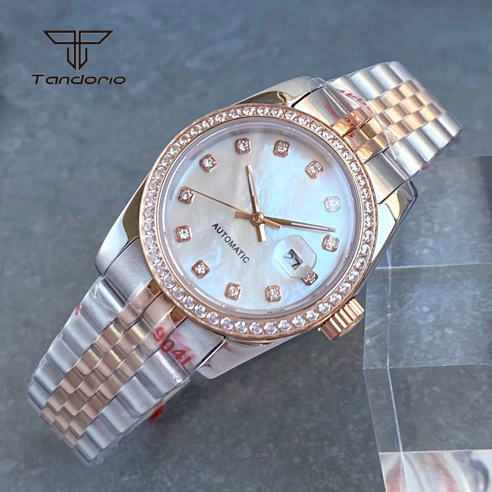 Fashion 31mm Lady's Wristwatch NH05 Automatic Watch Sunburst Rose Gold Two Tone Steel Watches for Women Diamond Marks Date Shell