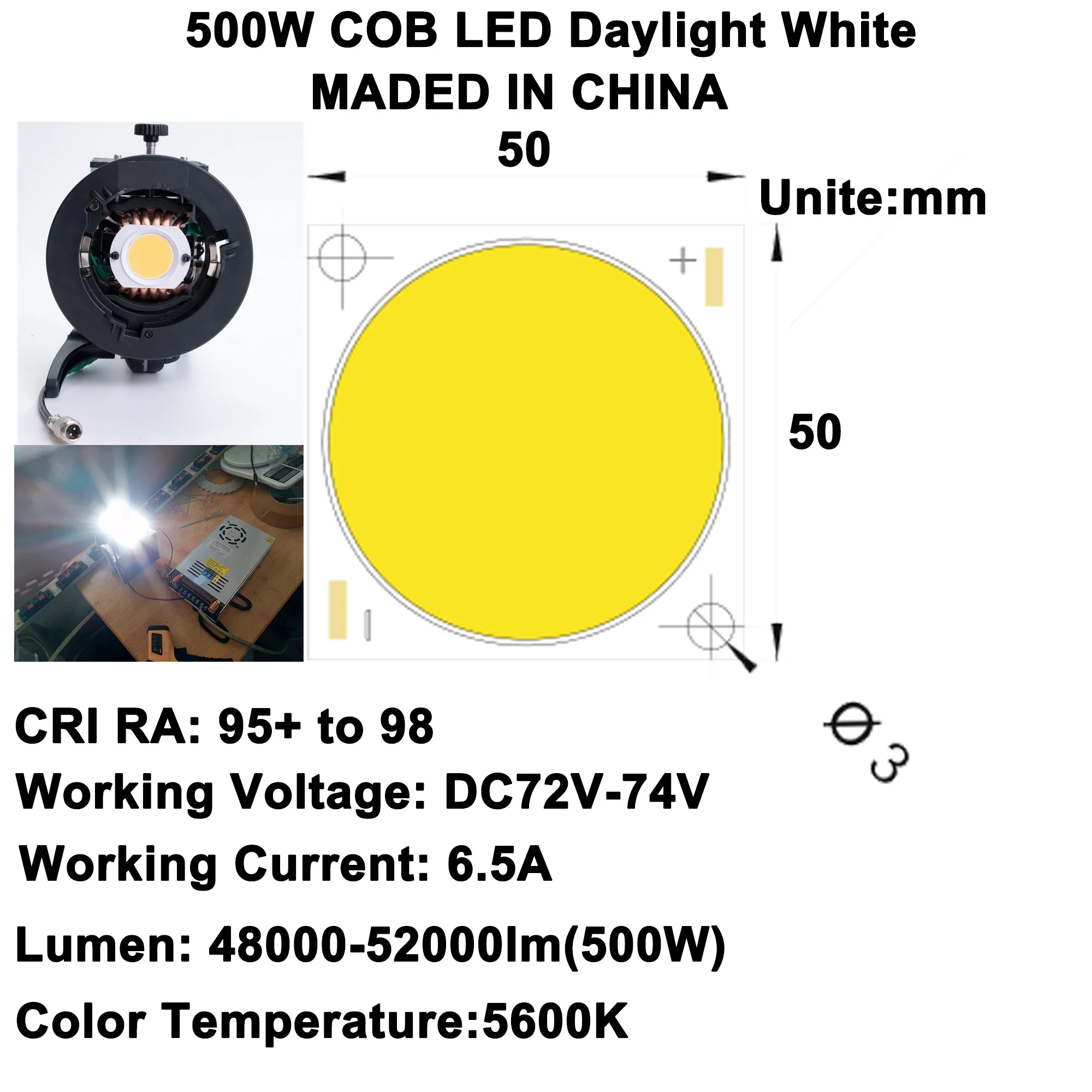 DIY LED U-HOME High CRI Ra 97+ High Power 500W 50*50mm COB LED Daylight White 5600K 48000-52000lm for DIY Home Cinema Projector